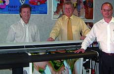 Yiannis Limperopoulos with First Graphics&#8217; imaging director Keith Solomon and the national sales manager &#8211; digital imaging division, Eric Morgan.